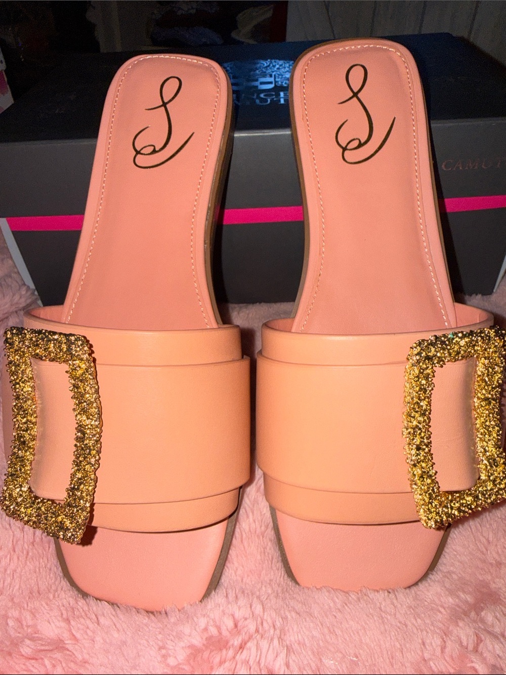 Sam Edelman Pink/peach Slide Mules with Gold Glitter Buckle